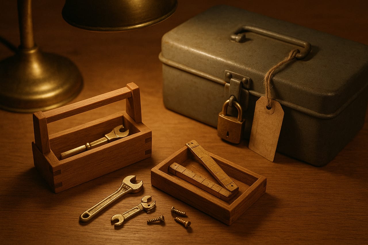 A small handcrafted wooden toolbox sits open on a warm-lit desk, holding miniature brass tools, beside a larger institutional metal toolbox locked with a brass padlock and a faded inventory tag.
