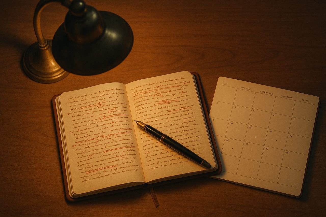 An open leather journal lies on a warm-lit wooden desk, its first pages marked up in red ink and pencil marginalia, beside a paper desk calendar showing one week with five small marks scattered across the days.