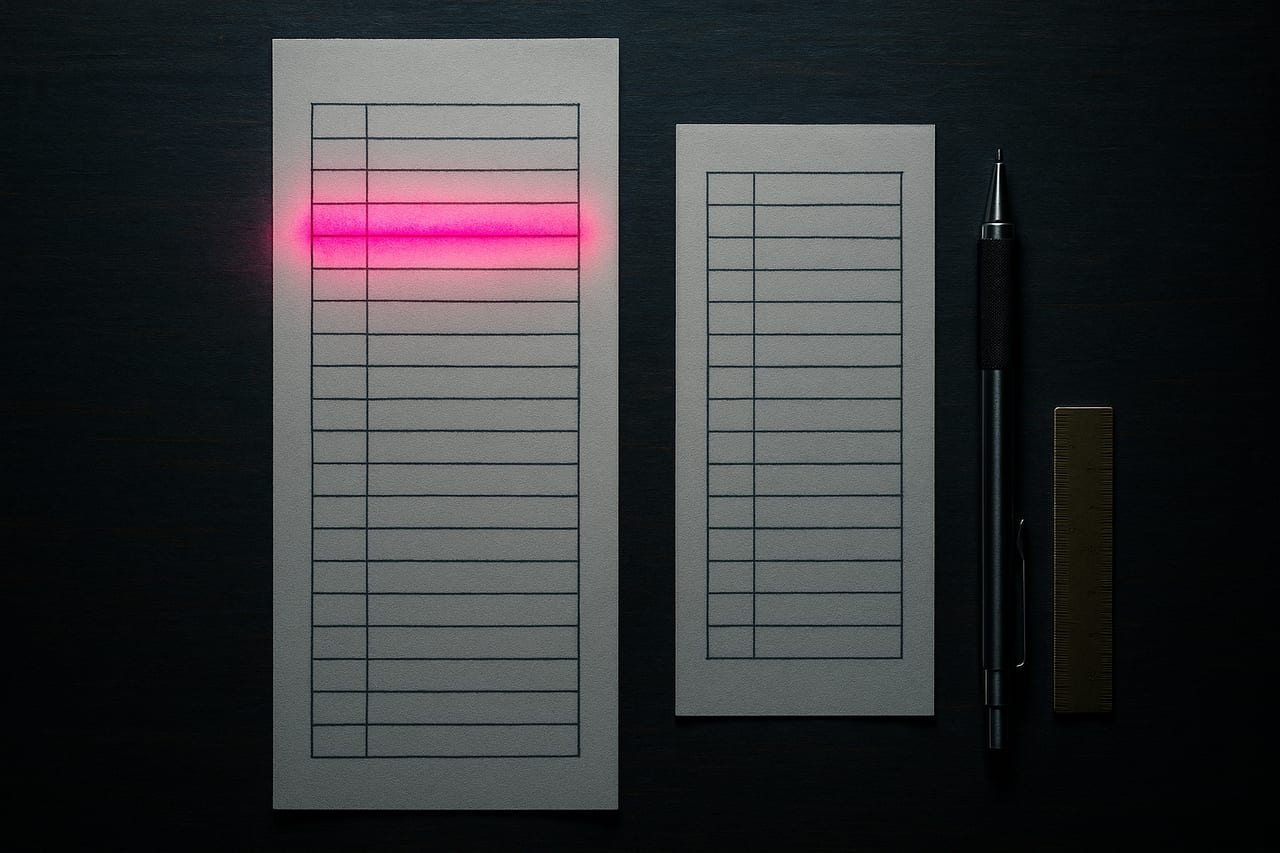 Overhead view of two vertical hand-printed lists on a dark wooden surface, with a magenta highlighter marking rows on the longer list; a mechanical pencil and brass ruler are nearby.
