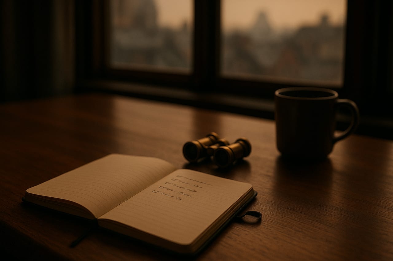 A warm-lit wooden desk features an open Moleskine notebook with a four-item checklist, closed brass binoculars, and an empty coffee mug, with blurred city rooftops visible through a window.