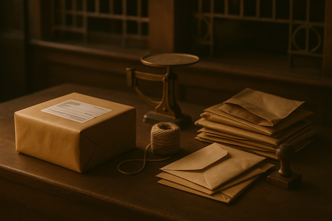 Two parcels prepared on a vintage postal counter under warm light: a sealed brown-paper box bearing a printed shipping label with weight and dimensions, and a loose stack of envelopes still being prepared, beside a brass scale and a roll of twine.