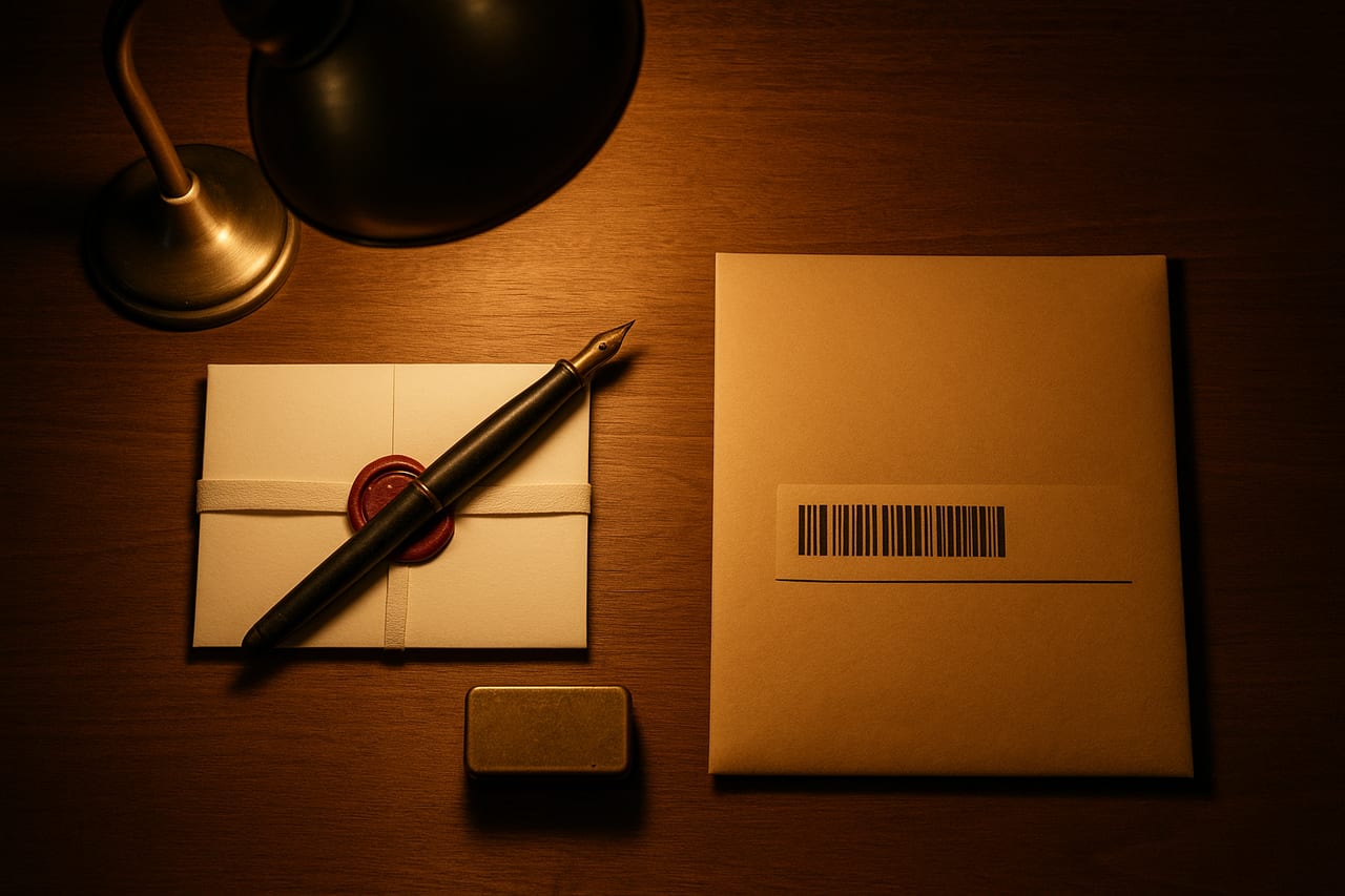 Two pieces of correspondence on a warm-lit wooden desk: a small cream card sealed with a hand-pressed wax seal, and a sealed manila envelope bearing a crisp printed barcode strip.