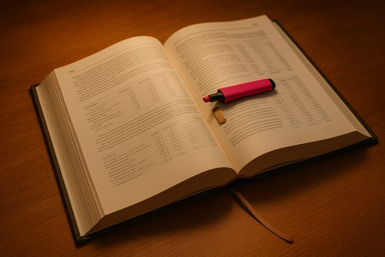 A thick technical hardcover lies open near its back on a warm-lit wooden desk, with a brass page marker placed in the appendix and a magenta highlighter resting across one row, while a thin satin ribbon trails out from the middle of the book untouched.
