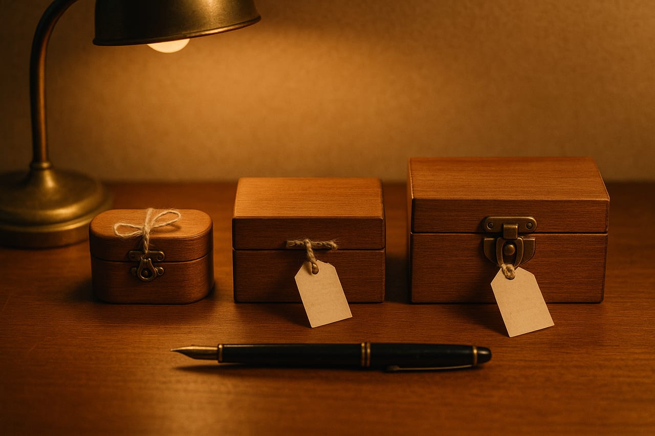 Three small wooden boxes of different sizes sit aligned on a warm-lit wooden desk: a tiny pillbox-sized one with a brass clasp, a mid-size hinged box, and a larger flip-latch box, each with a small folded paper tag tied with twine, a fountain pen lying parallel below.
