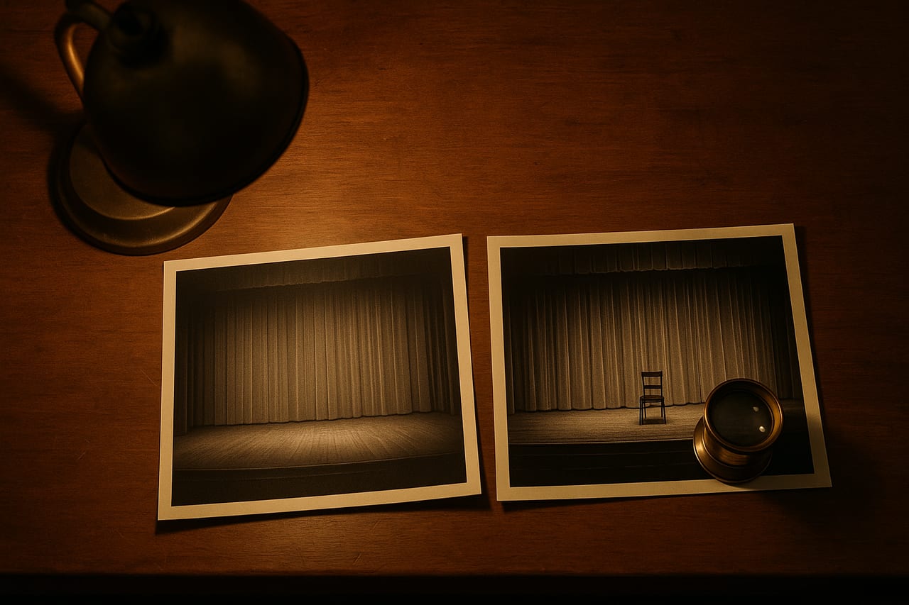 Two black-and-white photographs lie side by side on a warm-lit wooden desk, both shot from the same angle of the same empty theater stage; the right photograph shows the same stage with a single small wooden chair placed center-stage, with a brass loupe resting at its corner.