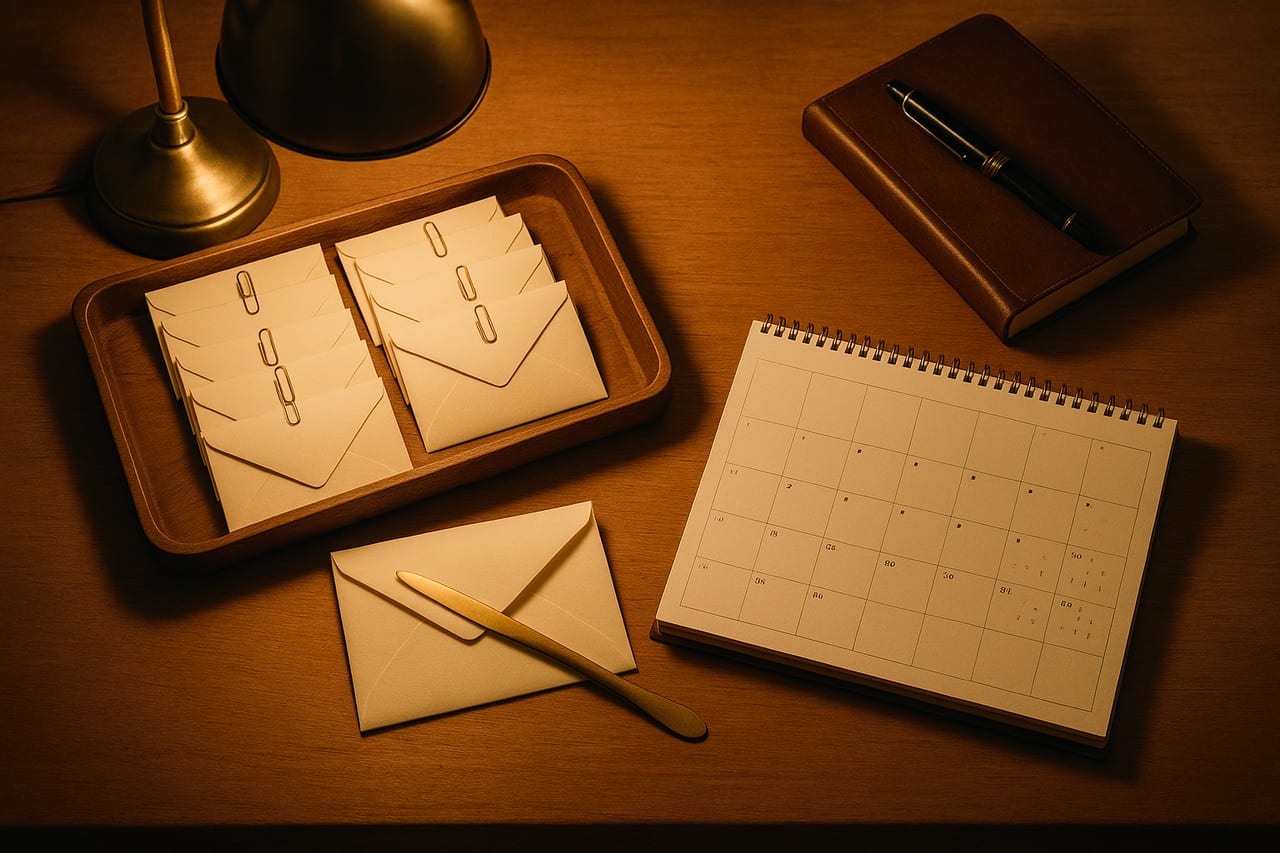 A small wooden tray on a warm-lit wooden desk holds nine cream envelopes each clipped with a small brass paper clip, one of them lying slightly proud and opened with a brass paper-knife resting across it; beside the tray, a paper desk calendar shows two weeks with several days marked, and a closed leather journal with a fountain pen rests at the corner.