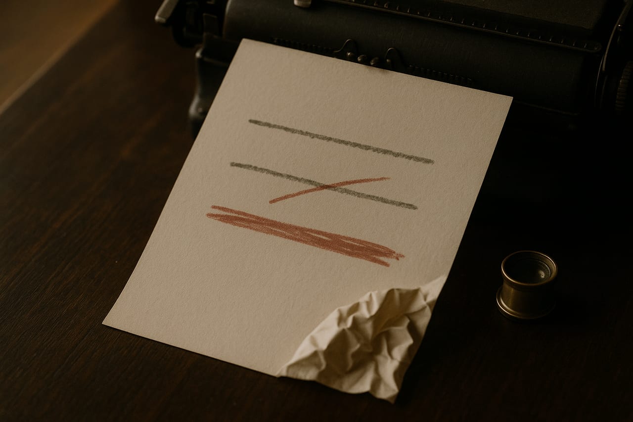A sheet of typewriter paper resting against an old typewriter on a dark wooden desk. Three horizontal lines of marks: the first intact, the second crossed by a red diagonal, the third heavily struck through. The bottom-right corner of the page is crumpled.