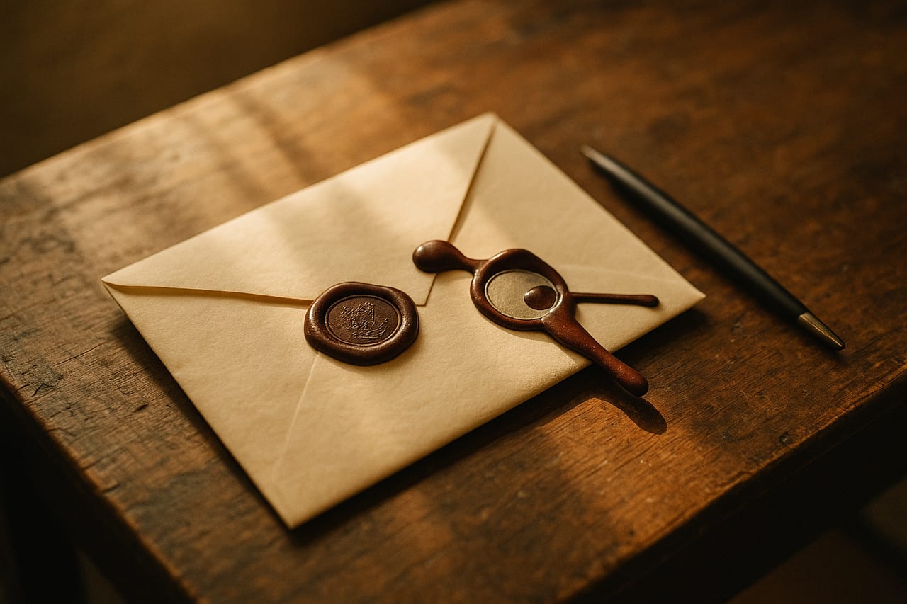 A folded letter on a wooden desk under soft morning light. Two wax seals on the letter's face, one finished and one paused mid-press, the pen set down beside them.