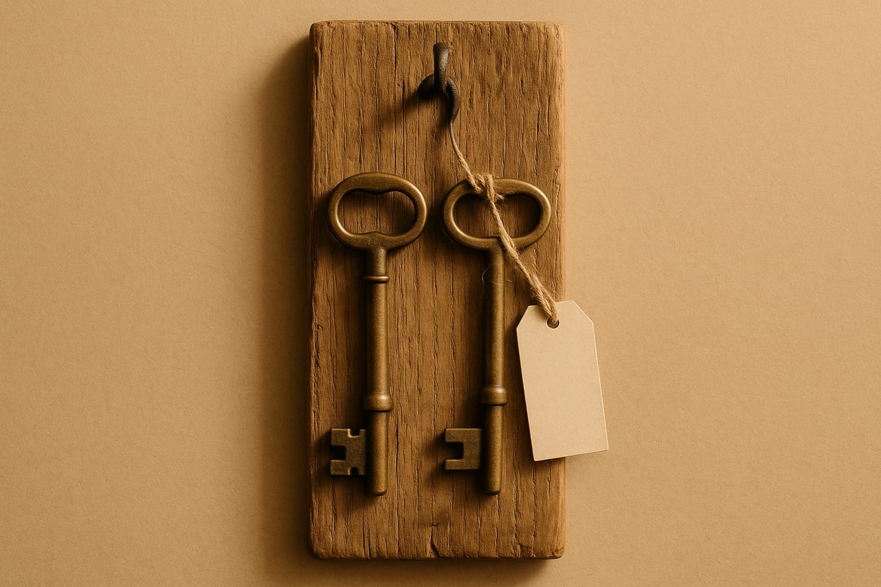 Two old brass keys hanging side by side from a wrought-iron hook on a weathered oak board. The keys are nearly identical at a glance but have slightly different bit cuts; one carries a small blank ribbon-tag.
