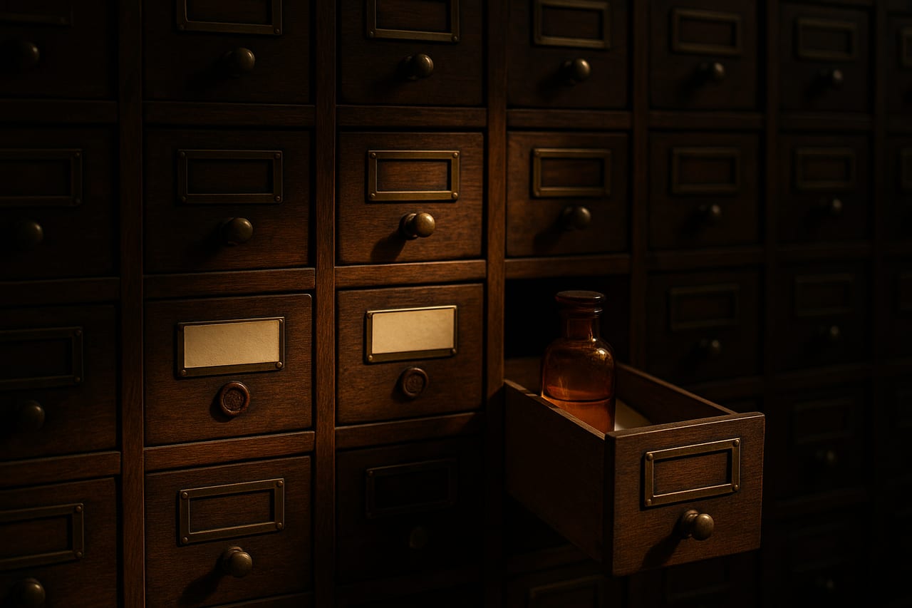 A walnut apothecary cabinet under a single shaft of warm light. In the center row, three small drawers: the first two are closed, each marked with an intact wax seal. The third drawer is pulled half open, an amber-glass bottle resting inside.