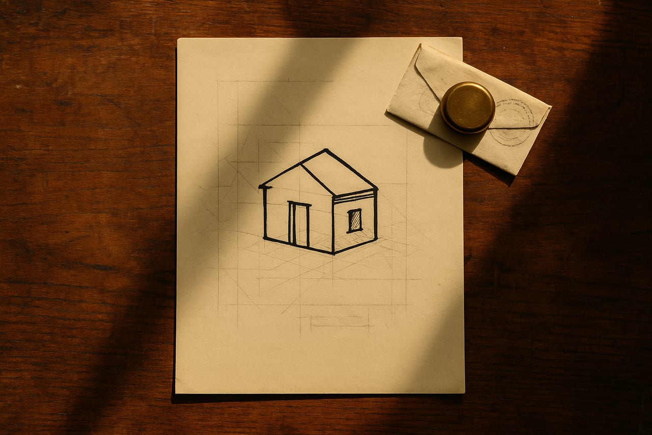 A cream sheet of paper on a worn walnut desk under warm afternoon light. Faint pencil construction lines and an earlier sketch sit underneath a confident india-ink drawing of a small house, clearly drawn in a different hand. A folded paper slip sits in the upper-right corner under a brass paperweight.
