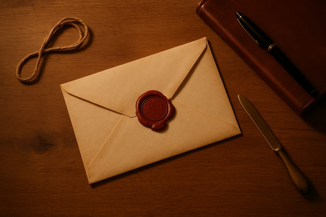 A warm wooden writing desk seen from above. A weathered cream envelope sits at center with two wax seals: an older broken red seal and a darker second seal stamped over the break at a small offset. A brass paper-knife, a length of brown twine, and a closed leather journal with a fountain pen across its corner rest beside it.