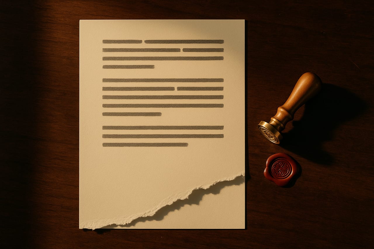 A torn page beside a red wax seal stamp on a walnut desk under warm afternoon light. The seal lies face up next to a bead of dried red wax. The page has lines of typed text rendered as gray bars and the bottom is torn raggedly mid-line.