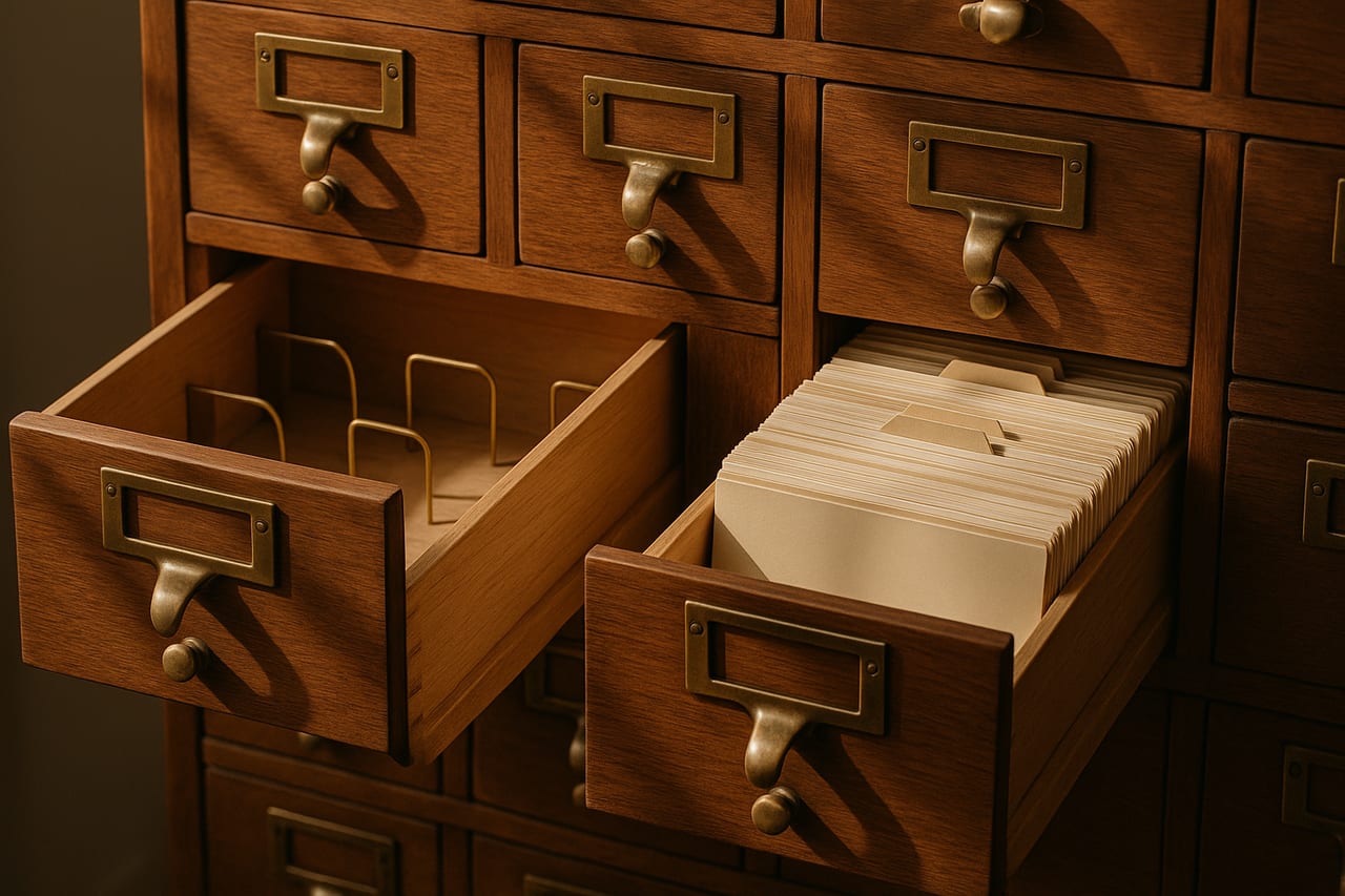 A walnut library card catalogue with two open drawers in warm afternoon light. The left drawer is empty, showing only brass dividers. The right drawer is full of cream index cards, tightly stacked with a few cards tabbed up. The same cabinet, two drawers, two different views.