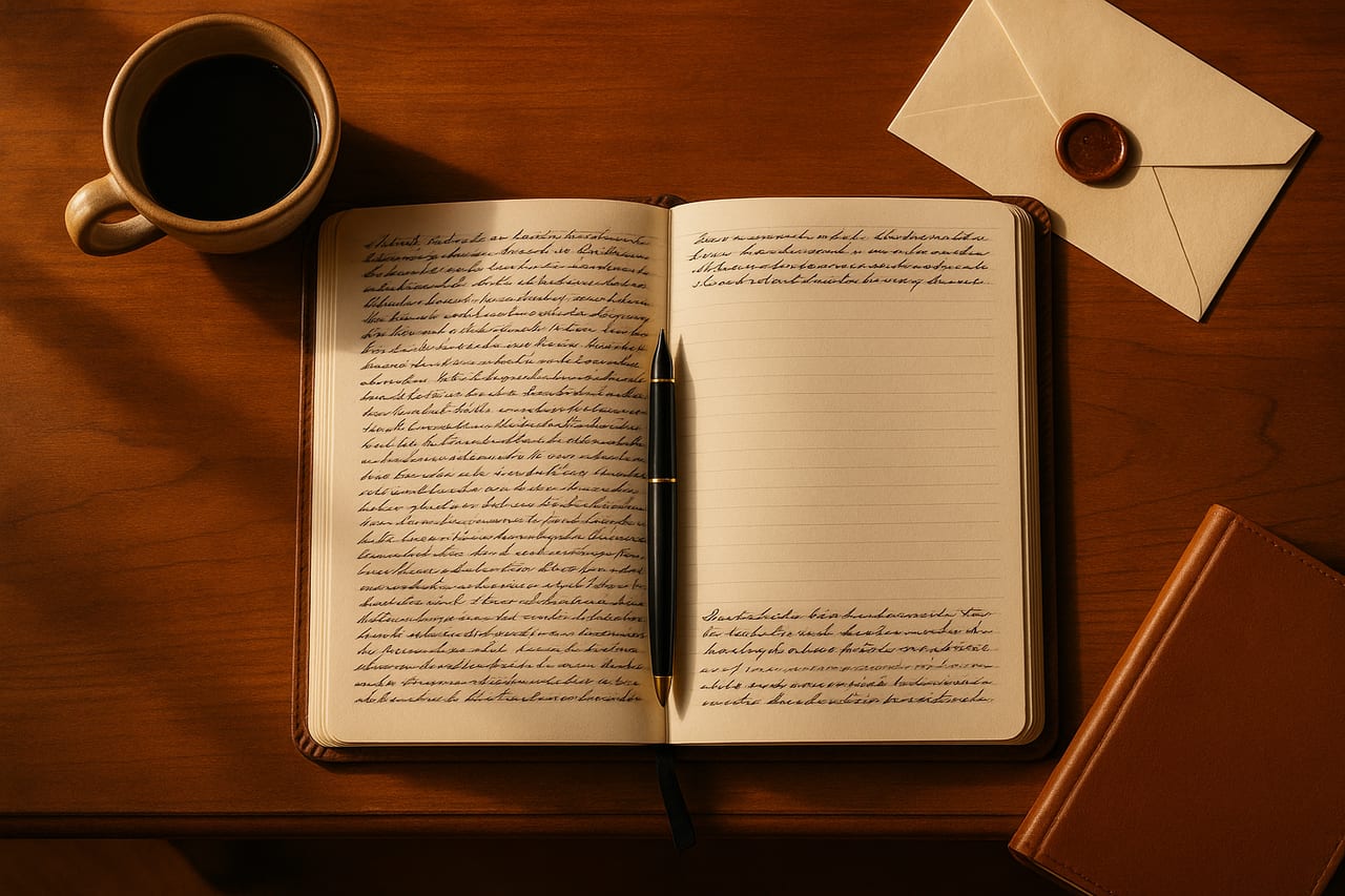 An open leather journal on a wooden desk. The left page is densely filled with handwritten ink. The right page has ink at the very top and the very bottom, with the entire middle conspicuously blank. A black fountain pen rests across the seam between the pages.