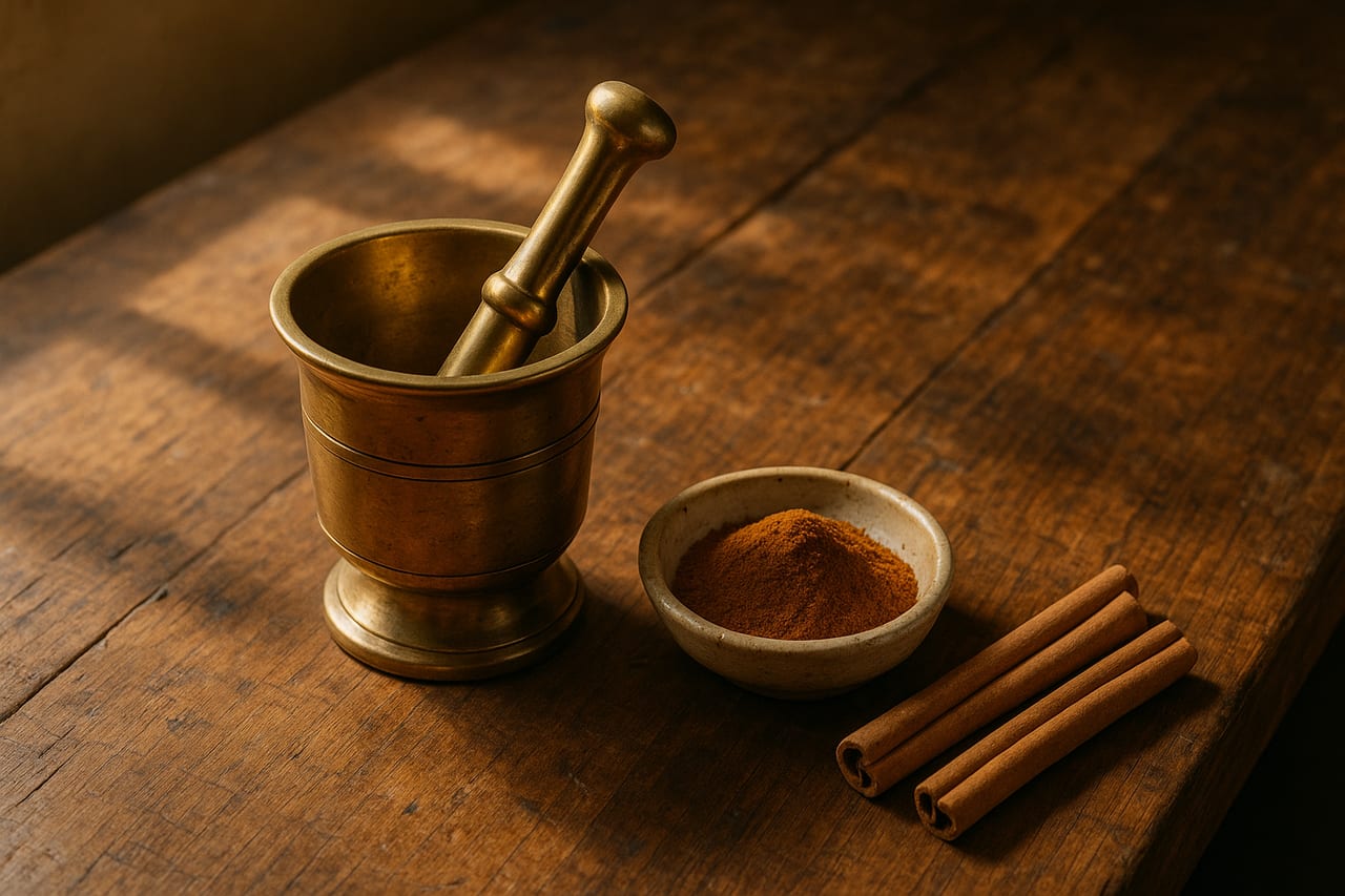 A walnut workbench in afternoon light. A brass mortar with a pestle resting inside; beside it a small ceramic dish of finely ground cinnamon. To the side, three whole cinnamon sticks sitting untouched. The same input, two stages.