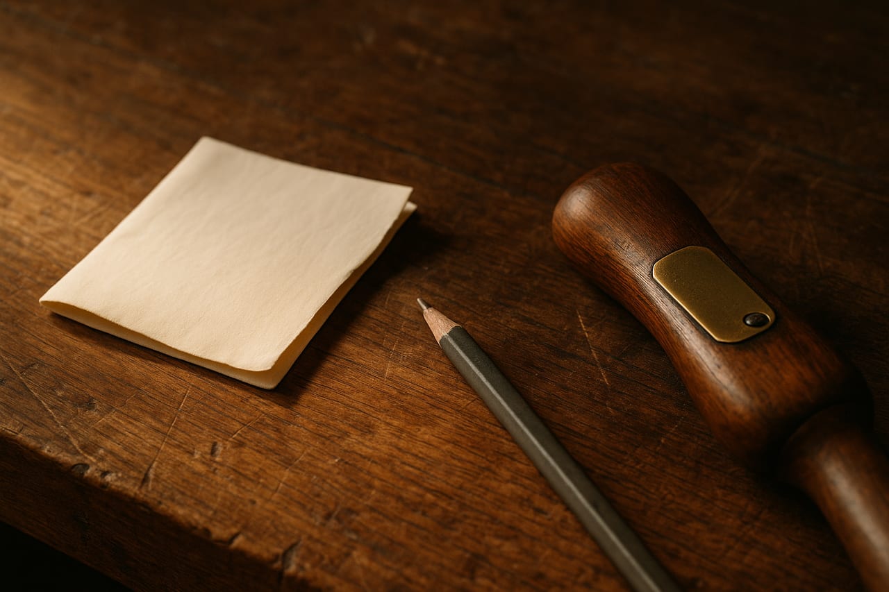 A weathered walnut workbench. In the foreground, a folded piece of cream paper with a graphite pencil resting beside it. Just behind, a small brass plate bolted into the wooden handle of a hand-tool. The paper is provisional, the brass is permanent. Two states of the same instruction.