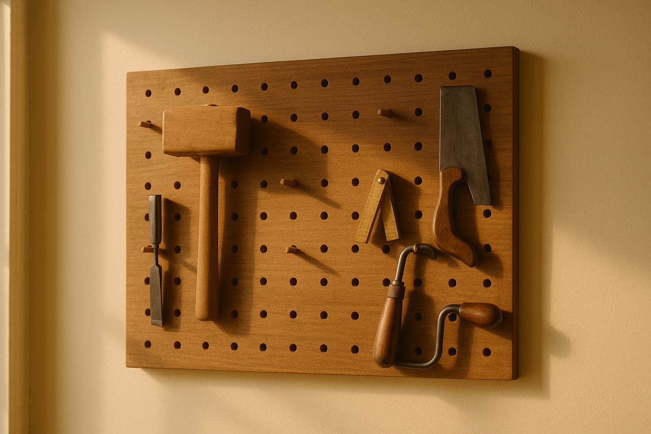 A wooden pegboard mounted on a warm cream wall. Most pegs hold simple workshop hand tools: a chisel, a wooden mallet, a folded measuring tape, a small handsaw, a hand drill. One peg in the middle of the board is bare, casting a faint shadow where a tool used to hang. The pegboard itself is intact, level, undisturbed.