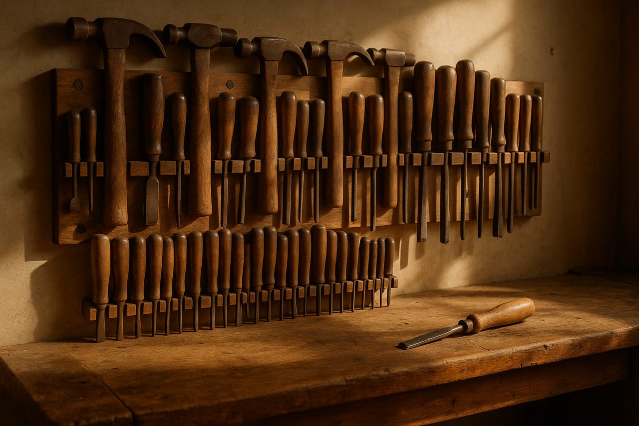 A wooden tool rack with every slot occupied, one extra hand-tool resting on the workbench beside it because no empty slot remains.