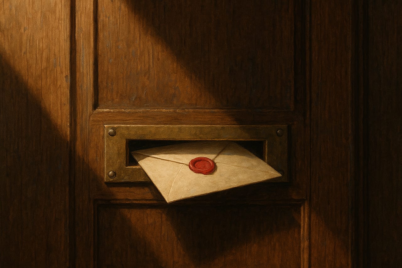 A brass mail slot in a heavy oak door, with a single cream envelope sealed with red wax wedged inside, warm morning light from the left.