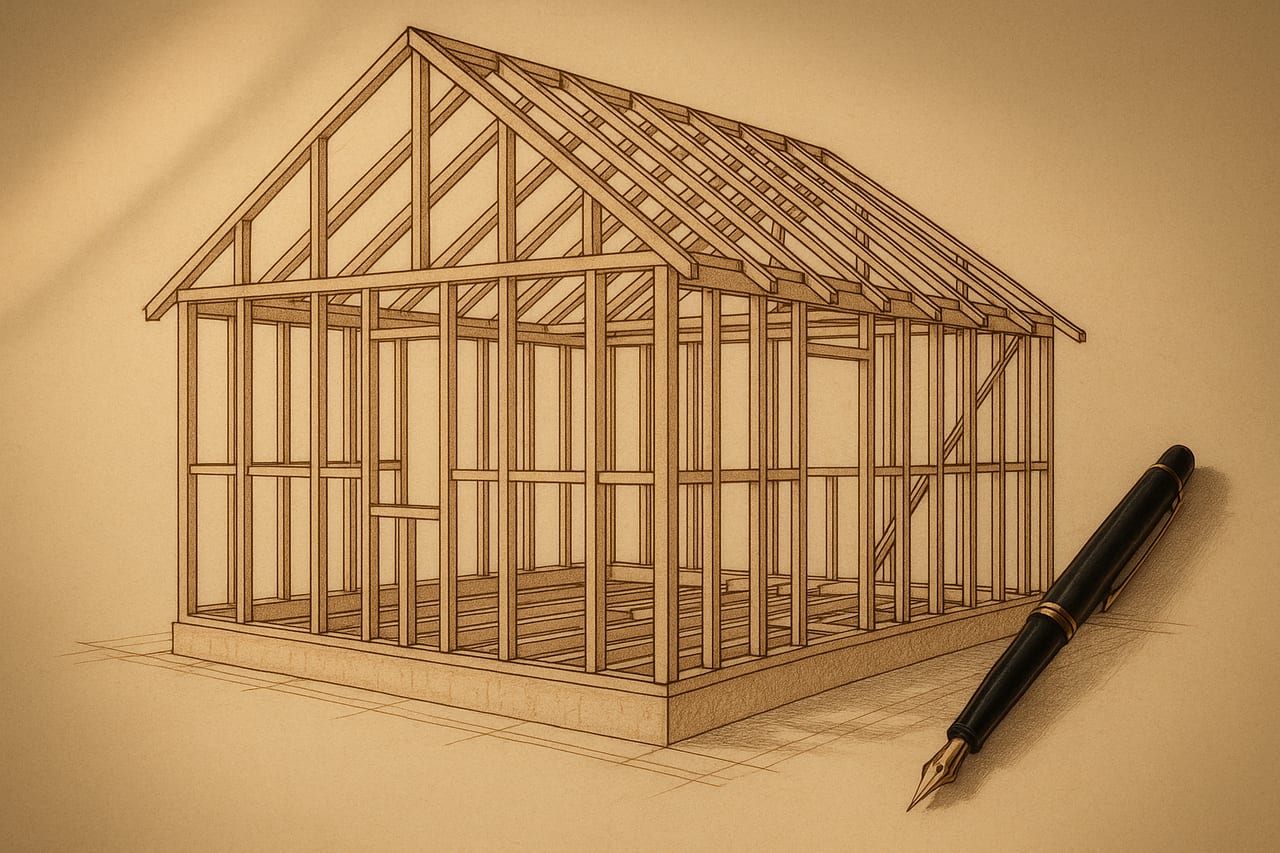 Hand-drawn architectural blueprint of a house frame on cream parchment, showing only the structural skeleton: studs, joists, rafters, and foundation lines, with a black fountain pen resting across the page.