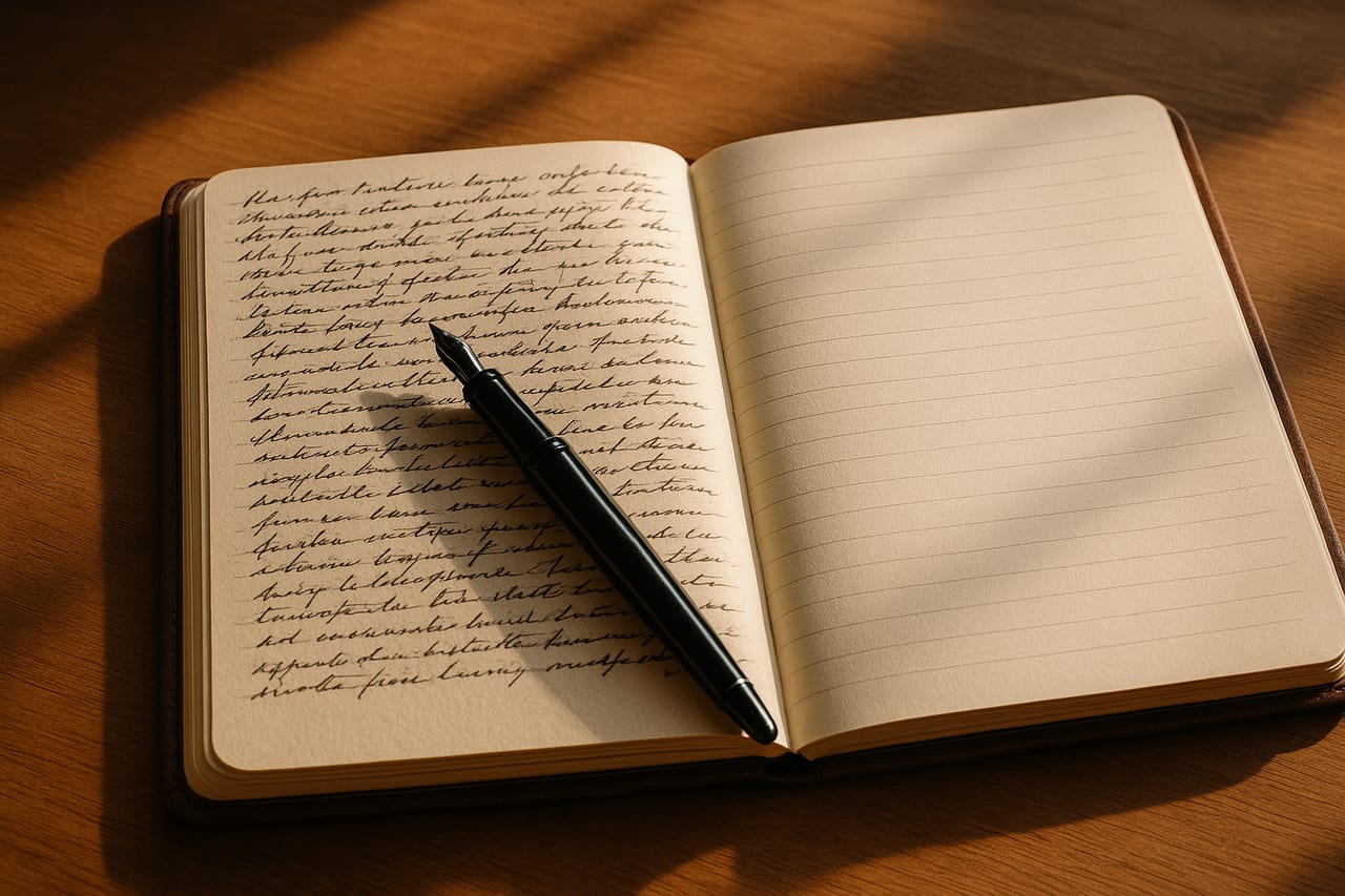 Two open leather notebooks side by side on a wooden desk. The left page is densely covered in handwritten ink; the right page is completely blank. A black fountain pen with fresh ink rests across the inked left notebook.