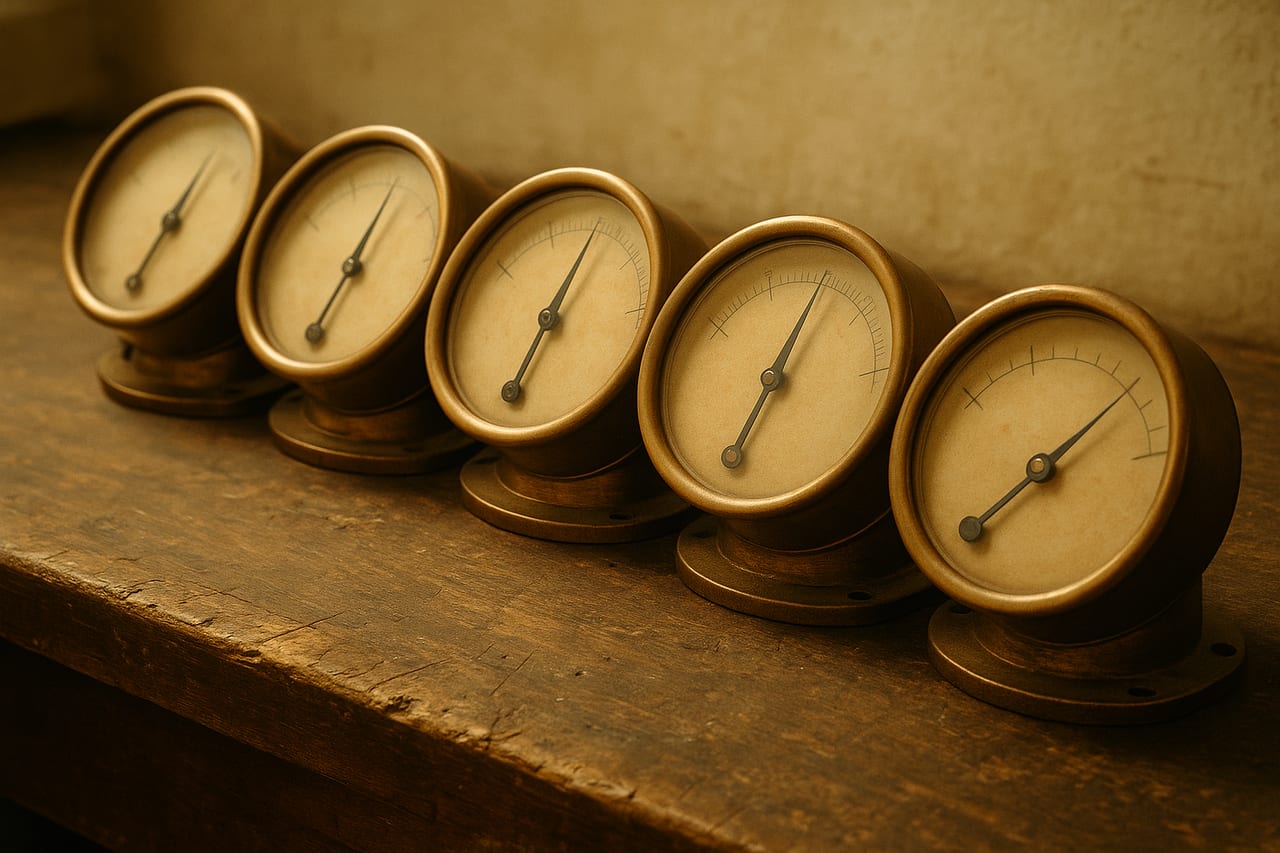 Five brass analog meters arranged in a row on a wooden workbench. Four needles point near the top of the scale; the fifth needle on the rightmost meter rests flat at zero. Warm paper-toned light, no labels, no faces.