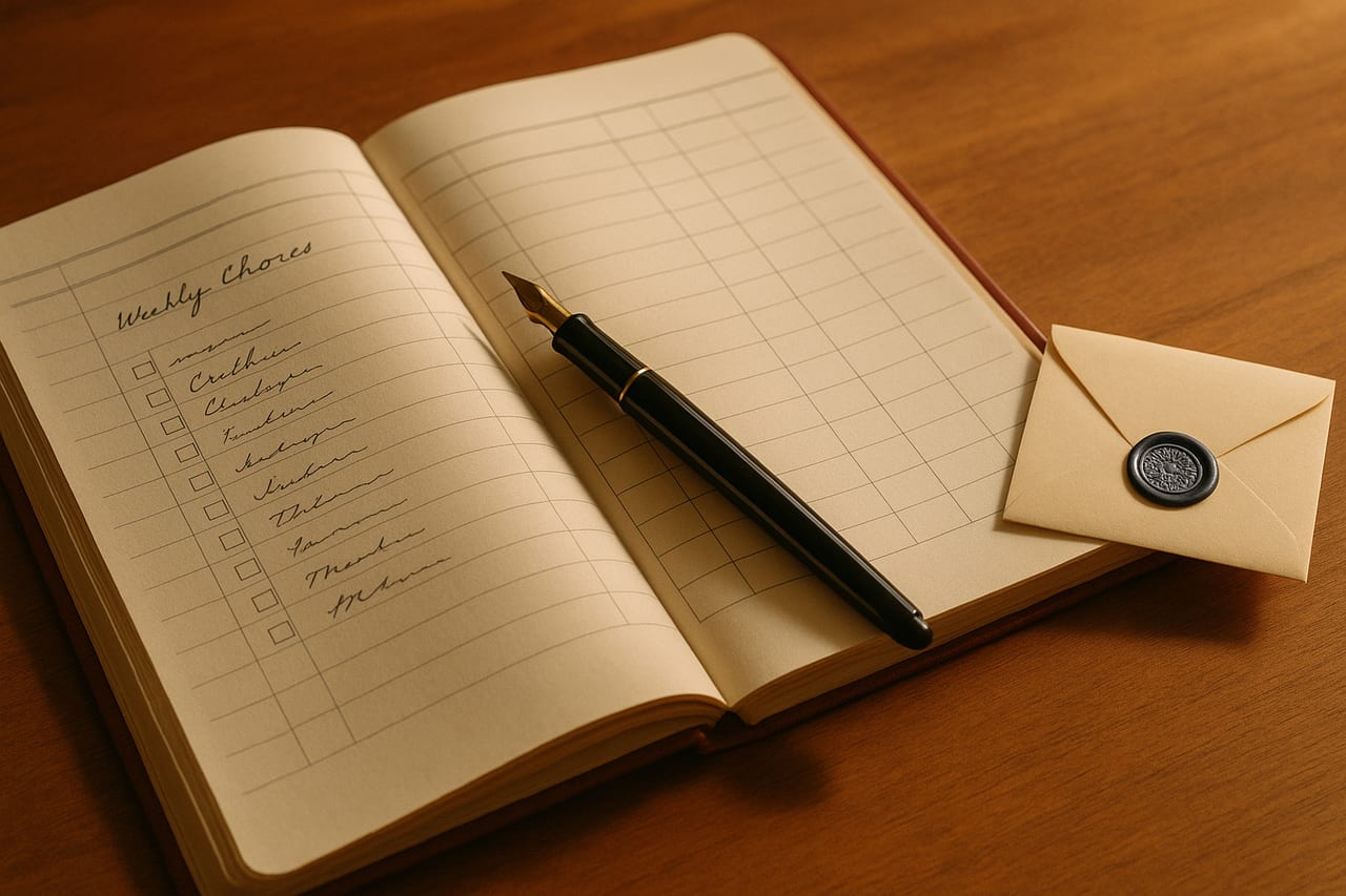 An open ledger book on a walnut workbench with a fountain pen, a small cream envelope sealed with an indigo wax stamp, and a handwritten chore list filling the left page.