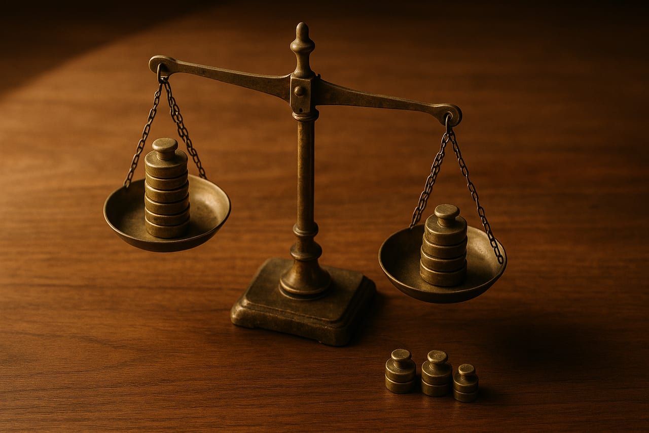 A brass balance scale on a walnut desk. Eight small weights stacked on the left pan, seven on the right. The beam tilts slightly to the left, off-balance.