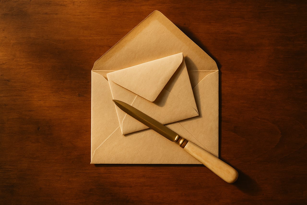 A wooden writing desk seen from above. A single opened envelope lies flat, with a second smaller sealed envelope half-pulled from inside it. A brass letter opener with a bone handle rests across the corner of the larger envelope.