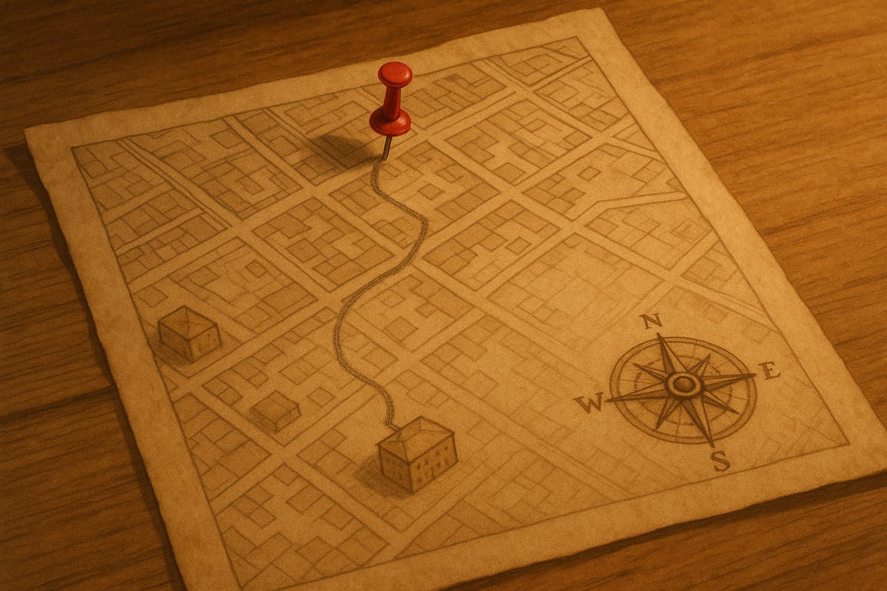A hand-drawn sepia map lies on a wooden desk. A bright red pushpin stands in one corner of the map. A faint pencil line traces a path away from the pin to an entirely different building. A small brass compass rose sits in the lower-right.