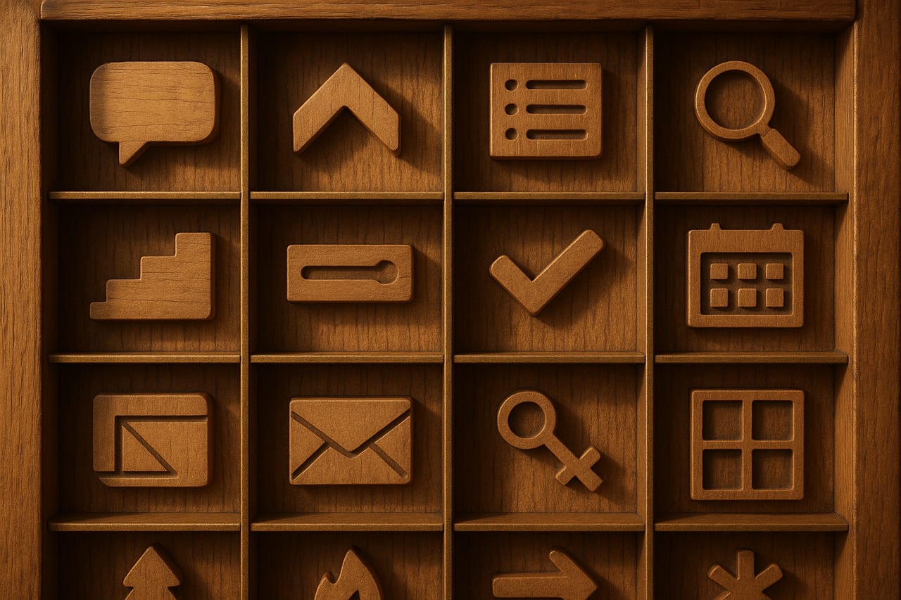 Top-down view of a wooden printer's type drawer with sixteen small compartments arranged in a four-by-four grid, each holding a hand-carved wooden block stamped with a different small geometric pictogram.
