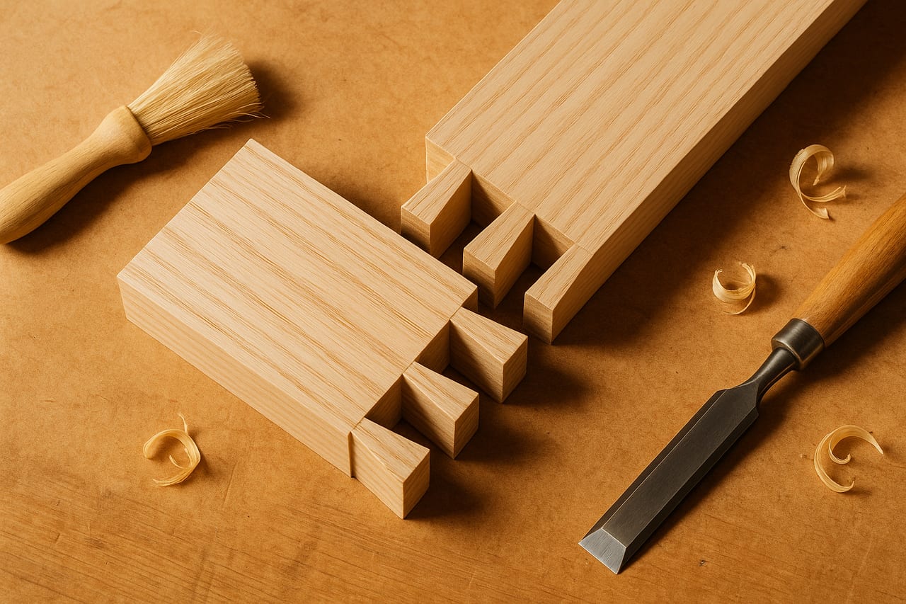 Top-down view of a partially-assembled wooden dovetail joint on a workbench, two pale-ash pieces halfway slotted together so the interlocking geometry is visible, with a small chisel and a few wood shavings nearby in warm afternoon light.