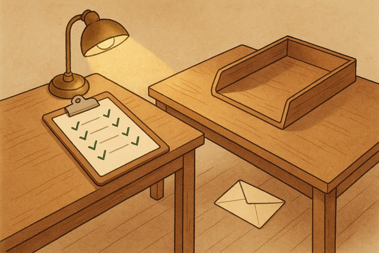 Two wooden desks meeting at a right angle in warm morning light. The first desk has a clipboard whose rows are all ticked off in green pen. The second desk has an empty wooden in-tray and a single dropped sealed envelope on the floor below it.