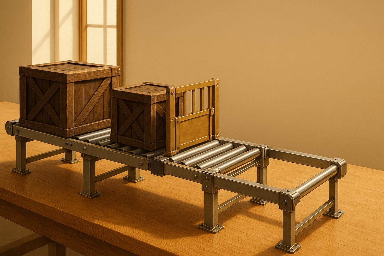 A three-stage industrial conveyor on a workbench. The first two stages are blocked by stalled crates; the third stage, polished and silent, has no work to do. Warm paper-toned light, no faces.