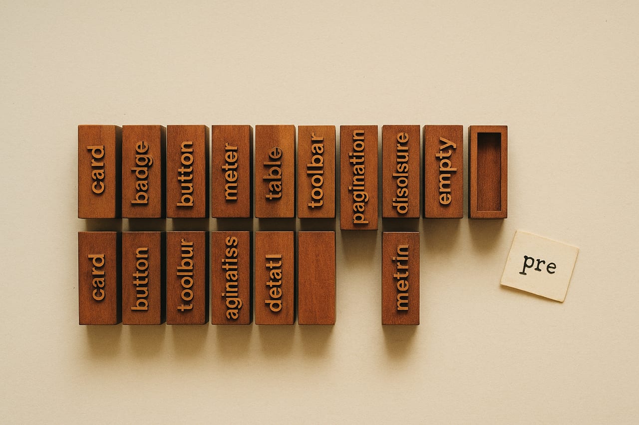 A worn wooden workbench holding rows of letterpress type-blocks arranged in trays. One slot near the front is empty. Warm paper-toned light, no people.