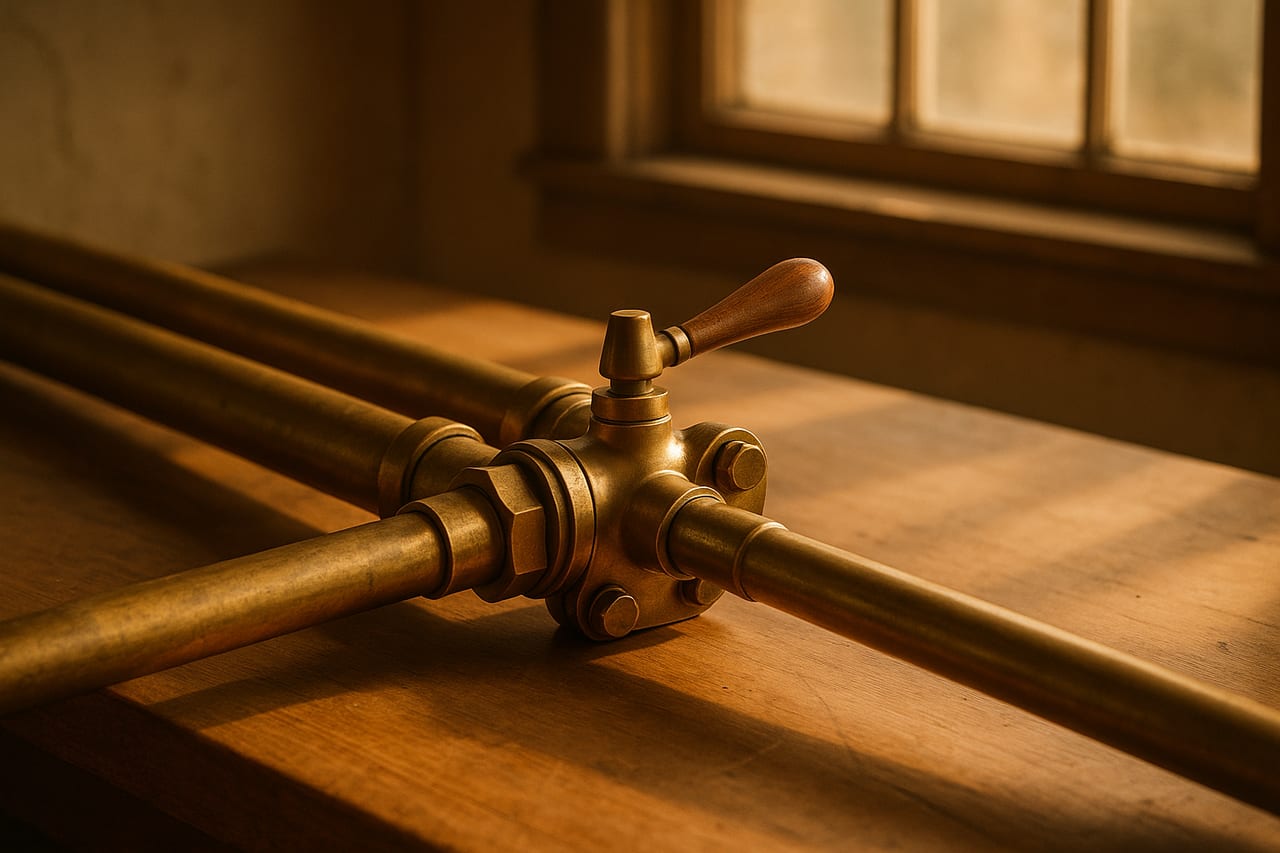 A workbench scene with three brass pipes converging through a single selector valve, the handle rotated to the leftmost position. Warm paper-toned light, no people.