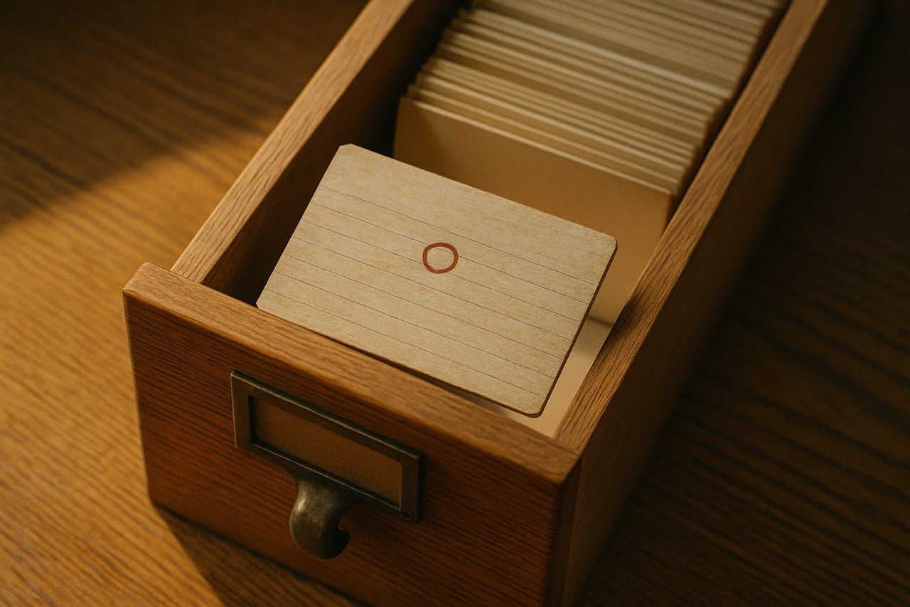 Single wooden index card marked with a small red ink ring, sitting in an open oak card-catalog drawer alongside a long row of unmarked cards stretching into shadow.