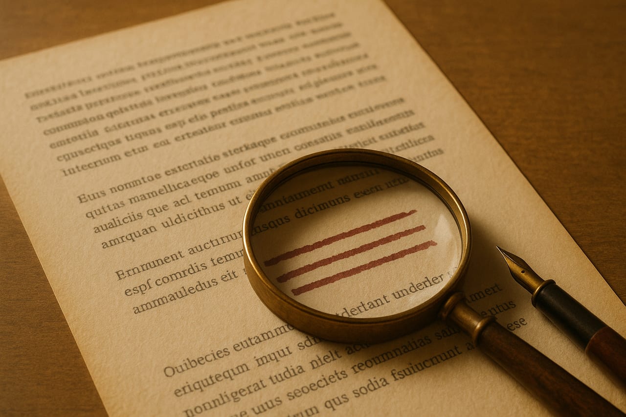 Brass-rimmed magnifying glass over a typewritten page; three lines underlined in oxblood red ink are visible inside the glass while the page above stays unmarked.