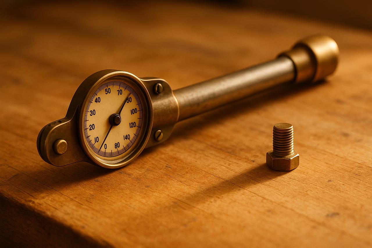 Brass torque wrench resting on a warm wooden workbench, its dial set to a calibrated number, a single hex bolt waiting beside it in the late afternoon light.