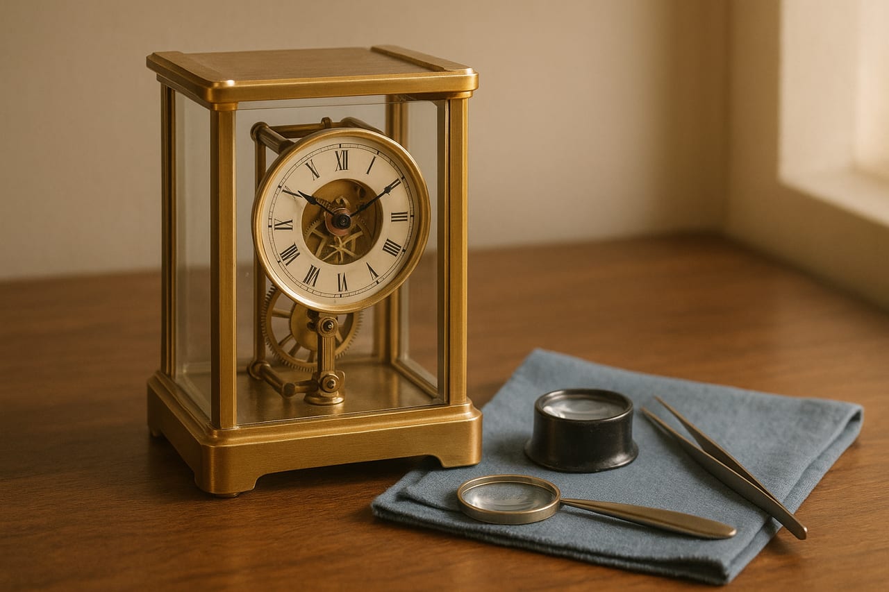A small brass-and-glass mantel clock opened at the back on warm walnut wood, escapement and gear train visible mid-motion. A magnifier and tweezers rest on a folded chamois cloth beside it. Late-afternoon light, no watchmaker at the bench.