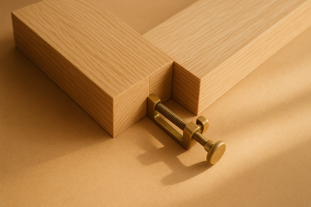 A small brass woodworking clamp tightening across two pieces of light oak that were aligned along a clean edge, both pieces accepted, the seam closing under warm afternoon light.