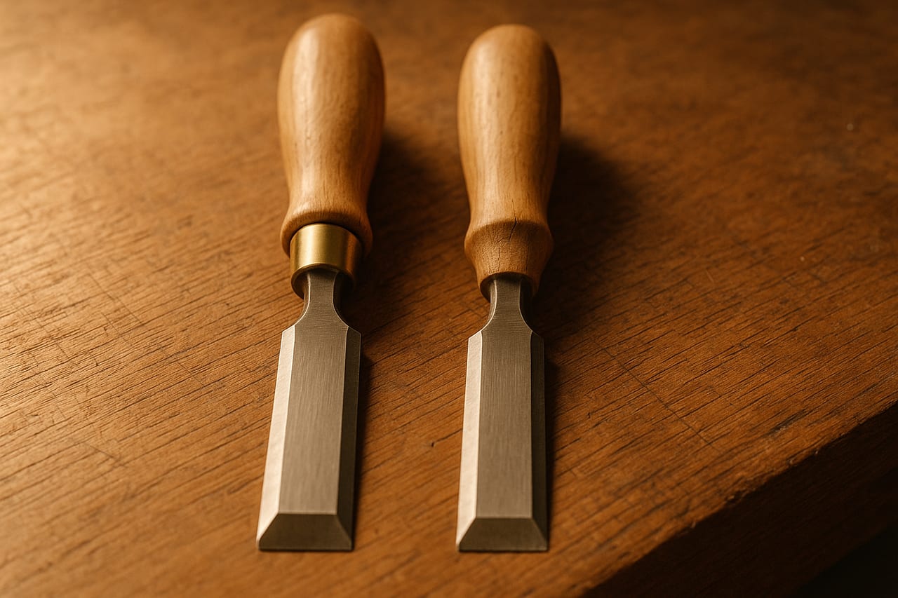 Two near-identical woodworker's chisels on a warm oak workbench, the left with a polished brass ferrule, the right missing its ferrule, exposing the bare wood.