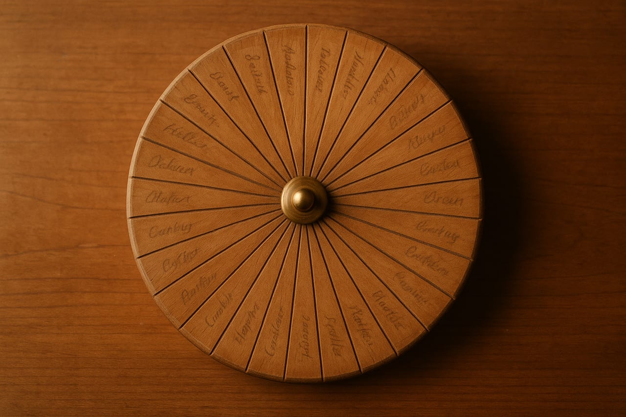 Hand-carved wooden spinning wheel divided into thin pie slices, illegible hand-inked labels around the rim suggesting names that have become too small to read.