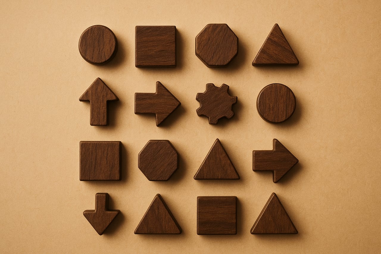 A neat row of sixteen small hand-carved wooden objects arranged in a grid on a warm paper-toned workbench, each one a distinct shape with no readable markings.