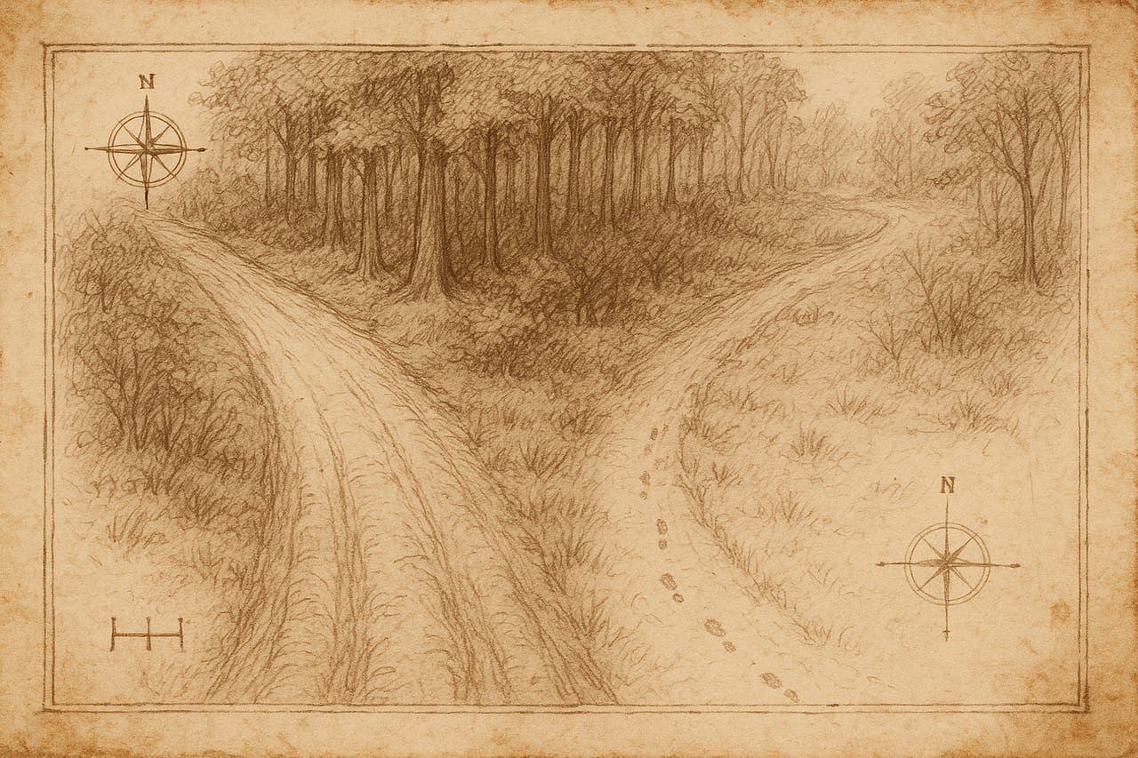 Hand-drawn surveyor's map on cream parchment showing two paths diverging at a fork, the left path broad and well-worn, the right path faint and overgrown with small fresh footprints visible on it.