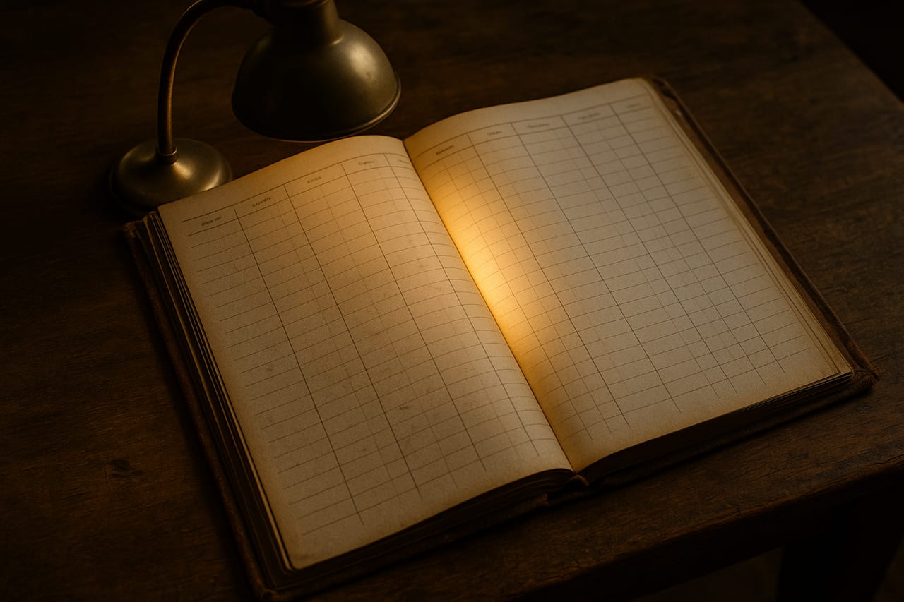 Overhead view of an old leather-bound ledger open on a wooden desk, warm amber lamplight falling on one column of ruled lines while the other columns recede into shadow.