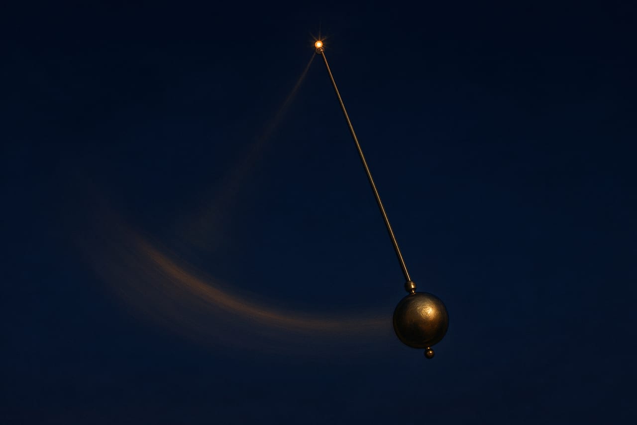 A brass pendulum bob caught mid-swing against deep indigo dusk, a luminous trail showing where it came from, the pivot point sharp at the top with a small warm spark.