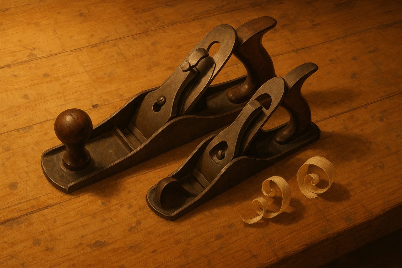 Overhead view of two hand planes side by side on a warm pine workbench, the smaller specialized plane resting partly atop the larger block plane, amber lamplight catching the bevels of both blades.
