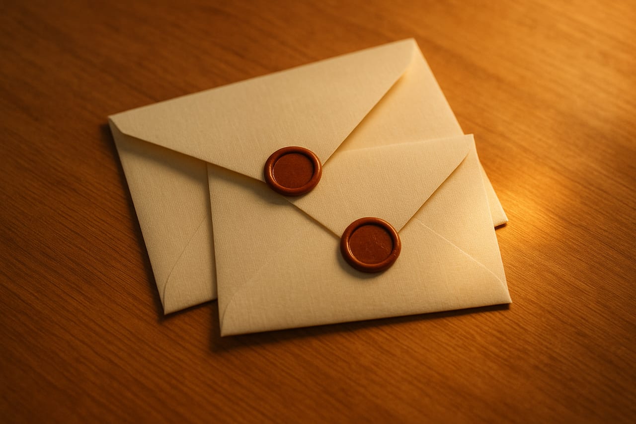 Two cream envelopes nested on a warm pine desk, the inner one half-folded inside the outer, amber lamplight catching the wax seal of the outer envelope.